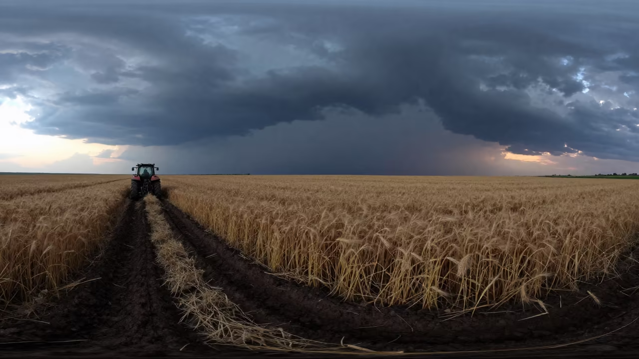 Storm Front Over Armenian Wheat Field at Dusk in beside a tractor track through dark soil in Armenia