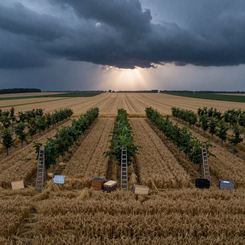 Storm Front Over Wheat Field at Dusk in among orchard ladders and crates near Warnes