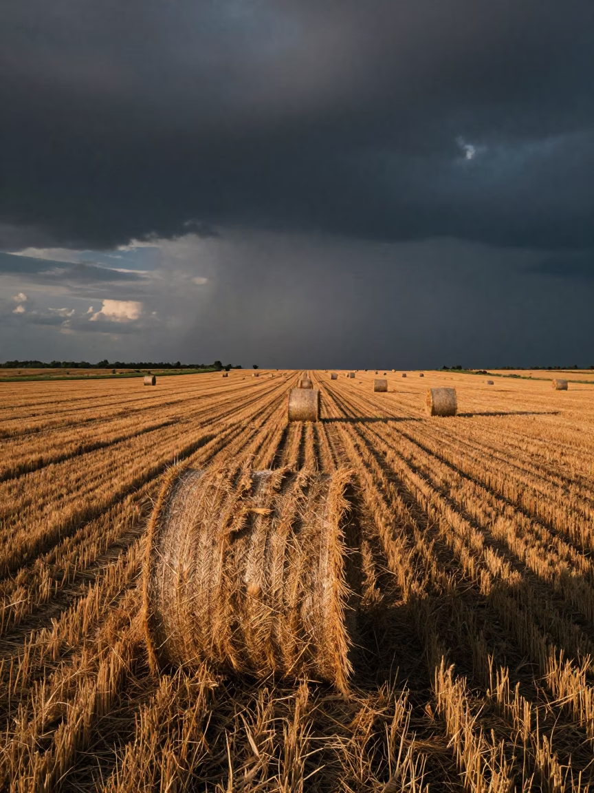 Storm Front Over Wheat Field Dusk Duhok in beside stacked hay bales in Duhok