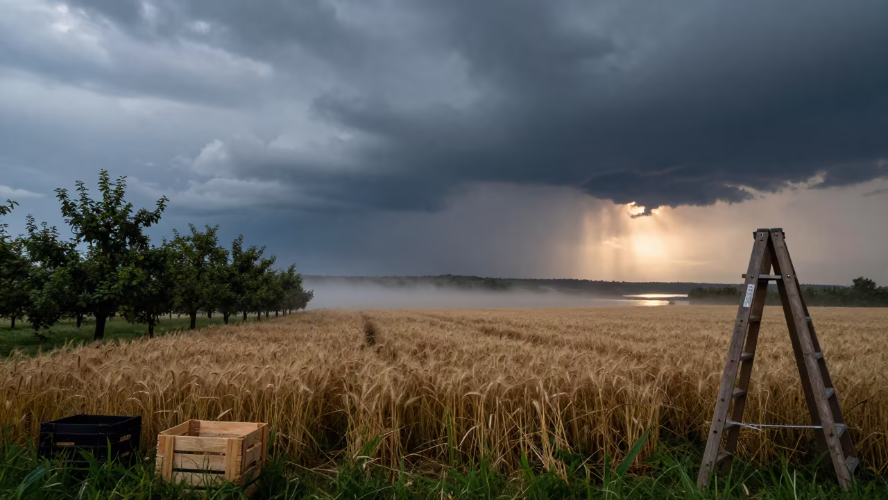 Storm Front Over Wheat Field Dusk Geneva in among orchard ladders and crates near Geneva
