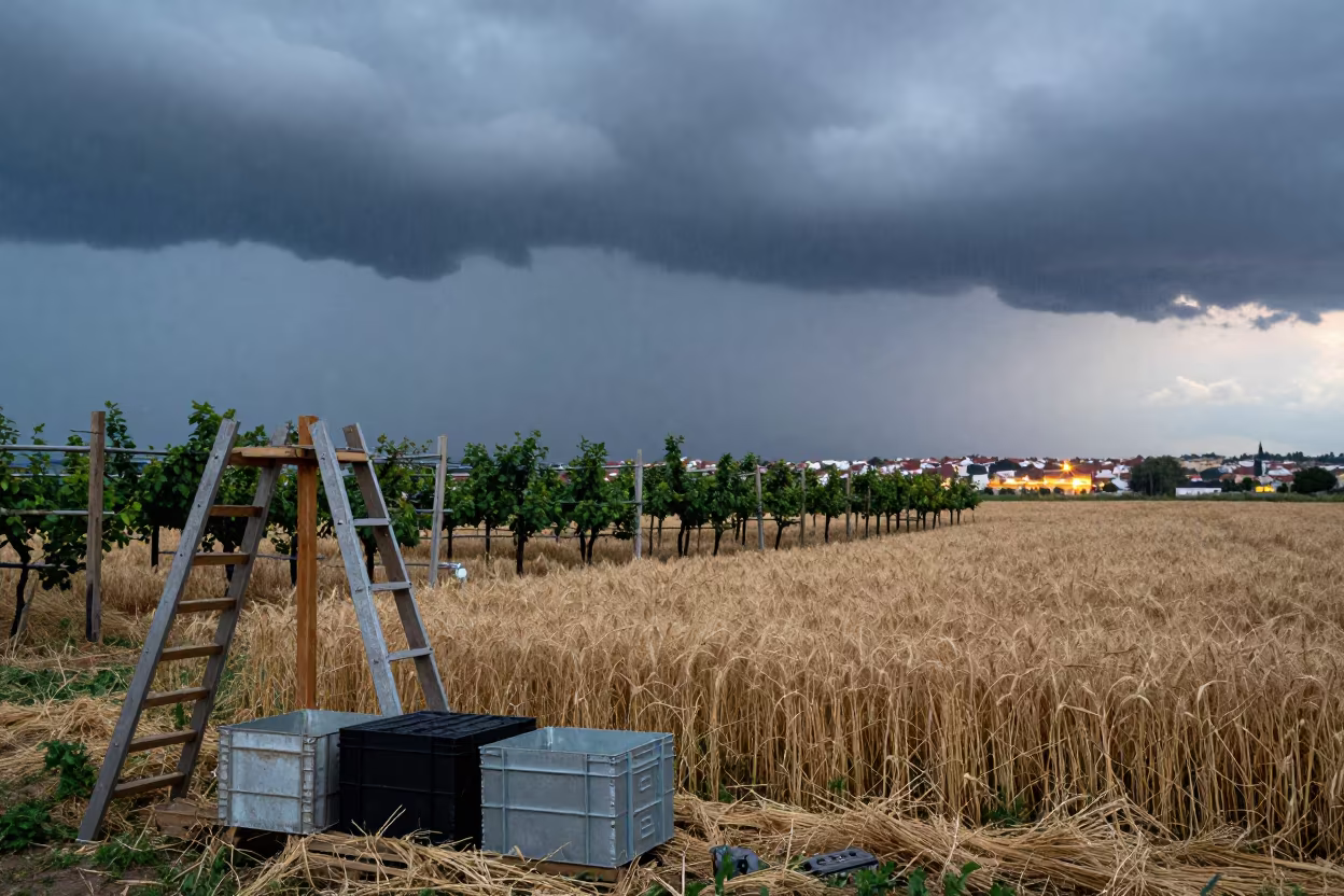 Storm Front Over Wheat Field at Dusk in among orchard ladders and crates near İskenderun