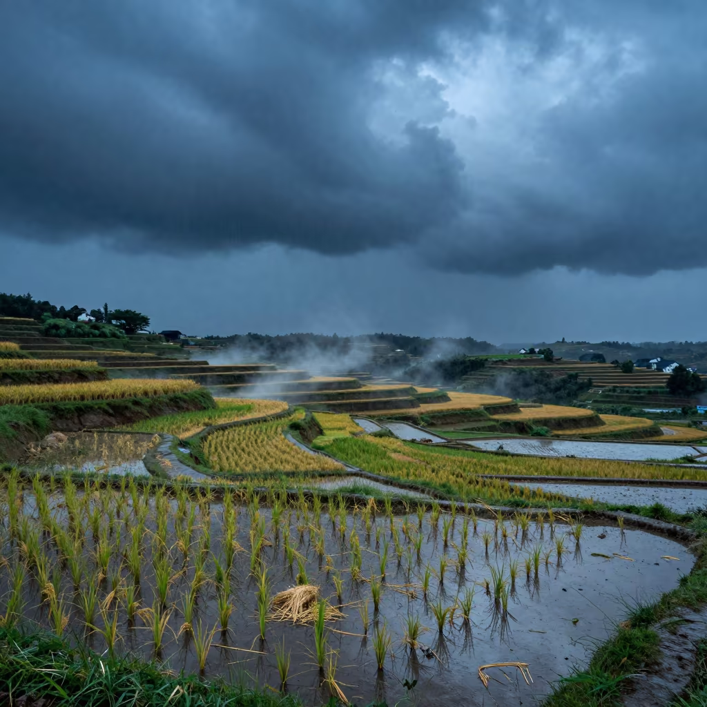 Storm Front Over Terraced Rice Paddies at Dusk in among terraced rice paddies near Warnes