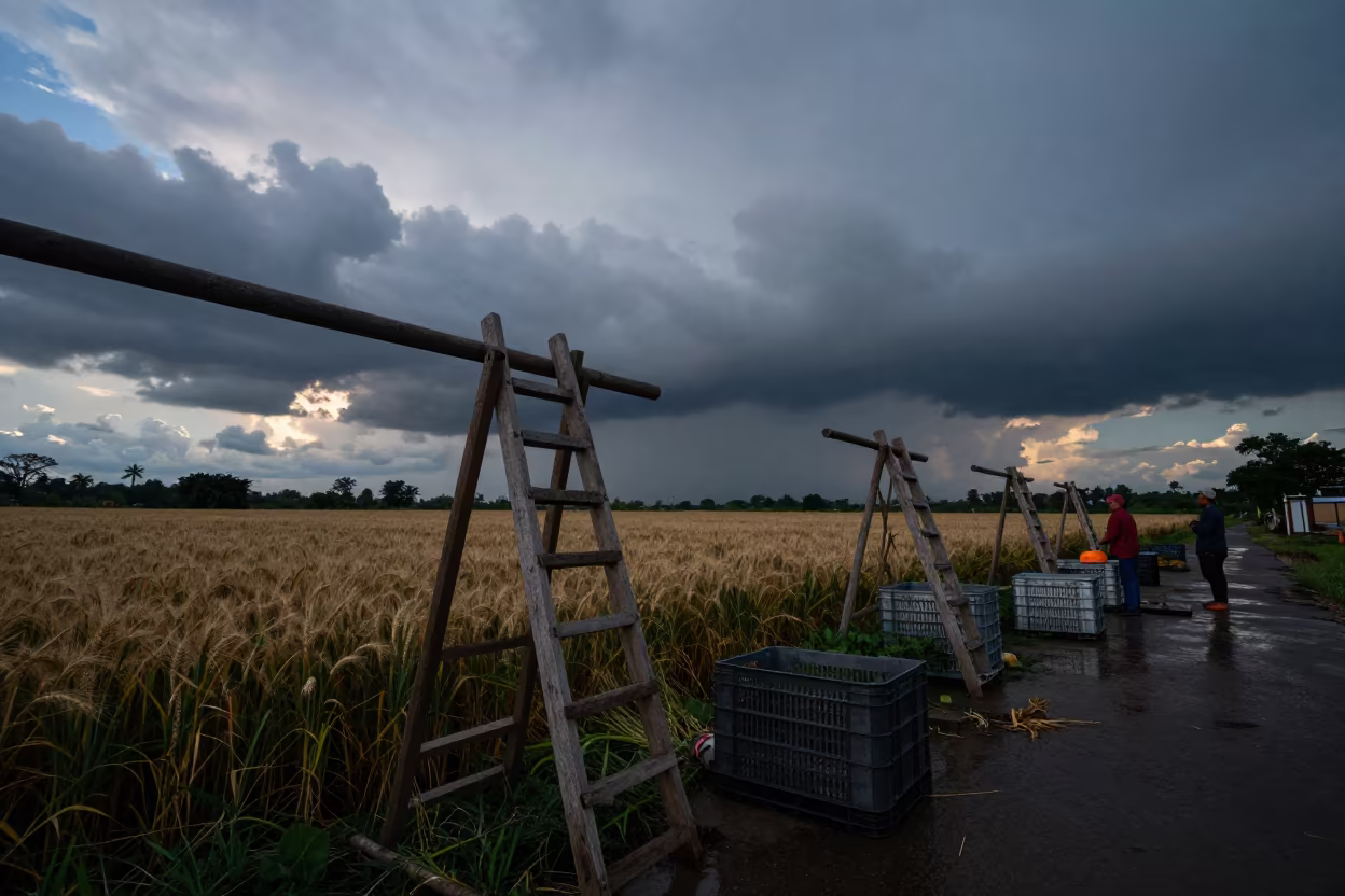 Storm Front Over Wheat Field Dusk in among orchard ladders and crates in Malaysia