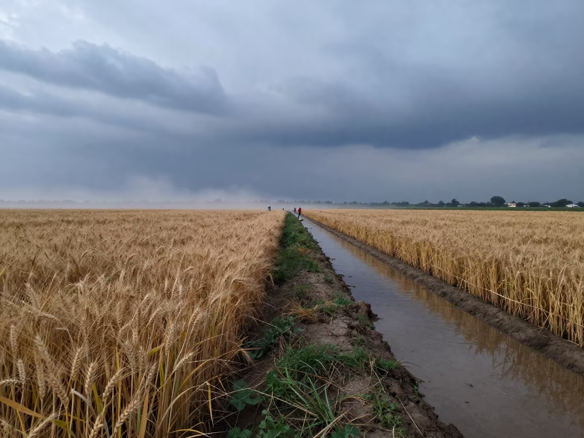 Storm Front Over Wheat Fields at Dusk in Varanasi in along freshly irrigated rows in Assi Ghat, Varanasi