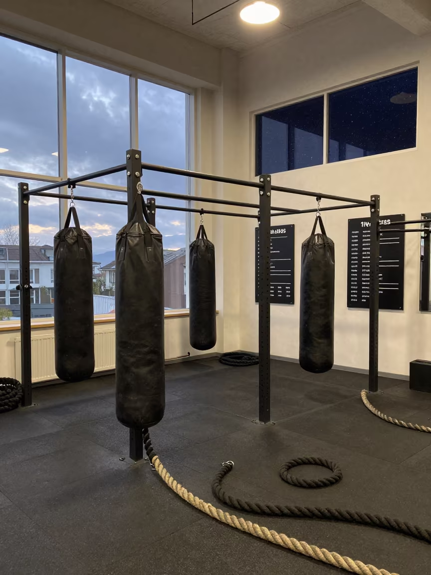 Storm Light Over Bootcamp Cage at Dawn in inside a spin studio under class lights in Trabzon