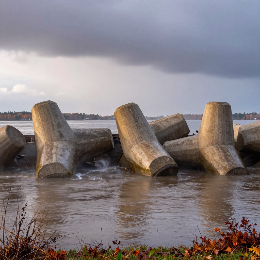 Storm Light Over Concrete Breakwater in Vermont in along a levee path above floodwater in Vermont