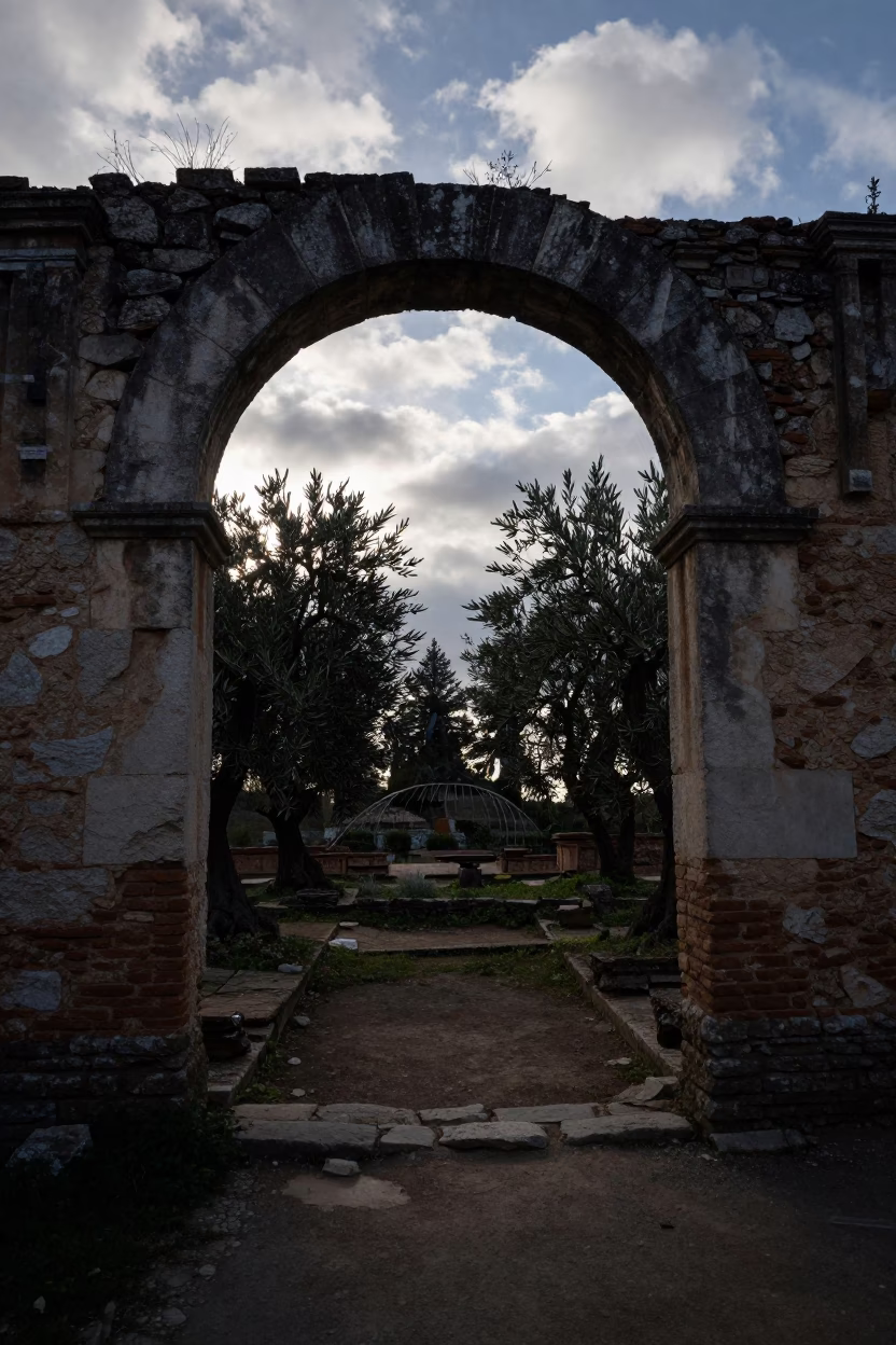 Storm Lit Olive Grove Through Winter Ruin Doorway in among collapsed cloisters near Barcelona