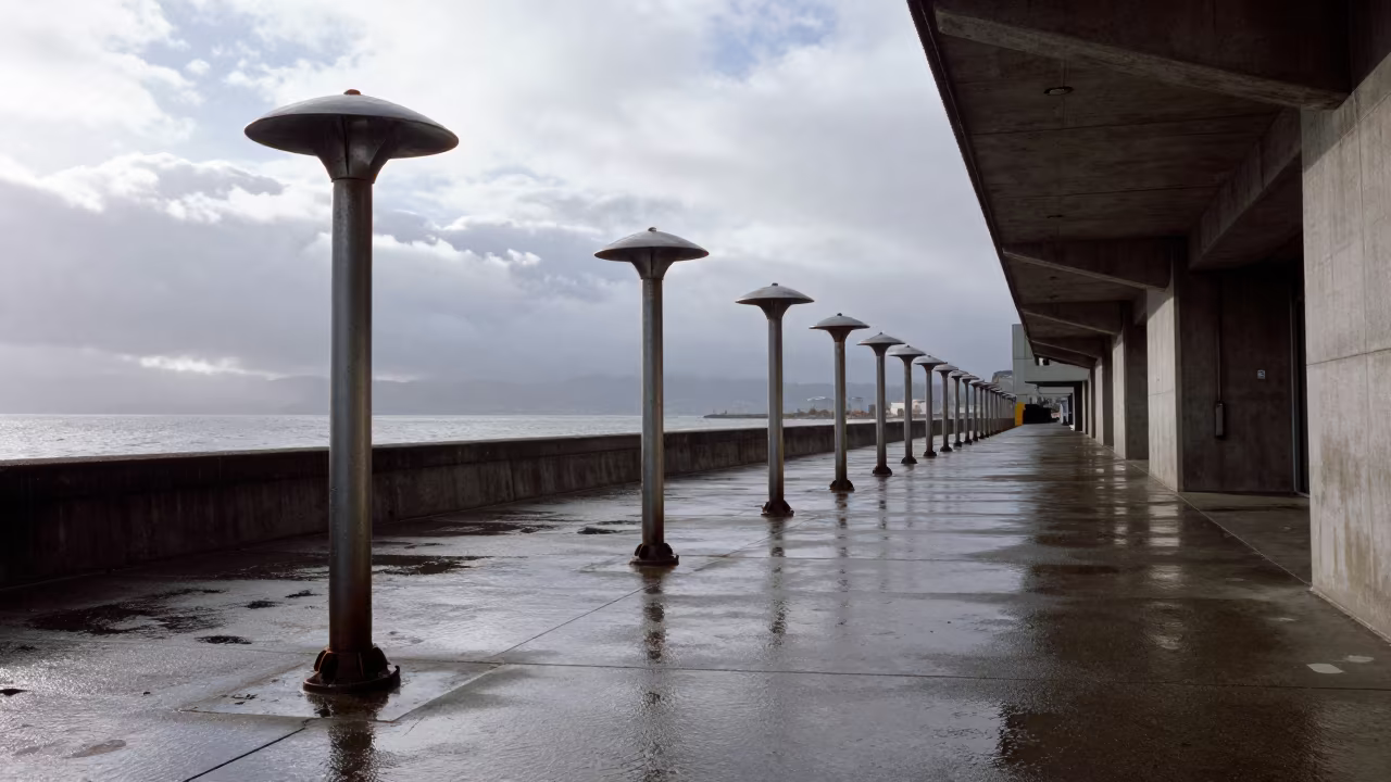 Storm Marker Posts on Levee Path in along a levee path above floodwater near Castro, San Francisco