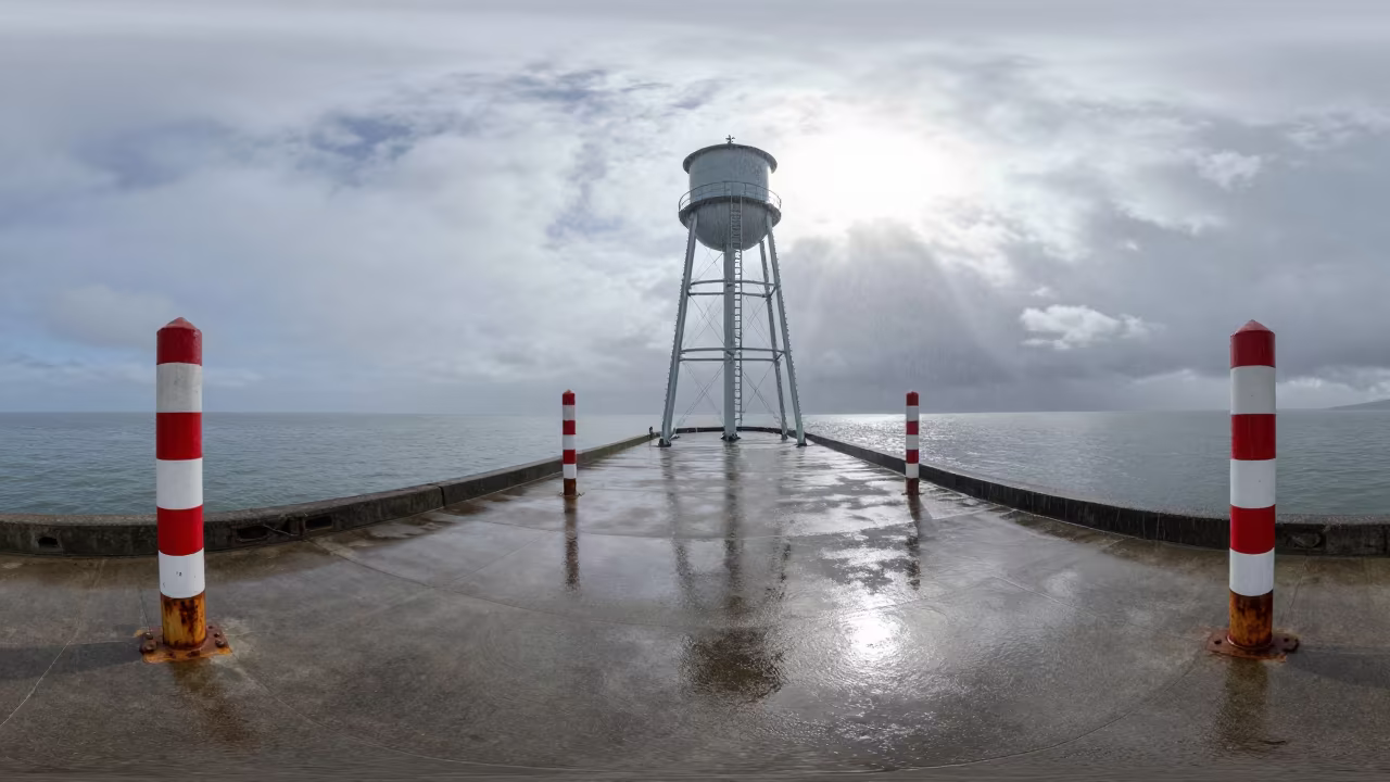 Storm Marker Posts Under Sideways Rain Near Water Tower in beside a water tower ladder in Oregon