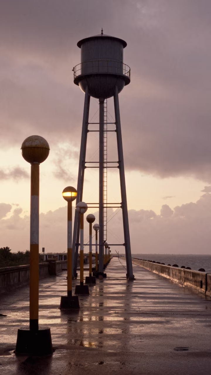 Storm Markers on Mombasa Sea Wall at Sunset in beside a water tower ladder in Mombasa