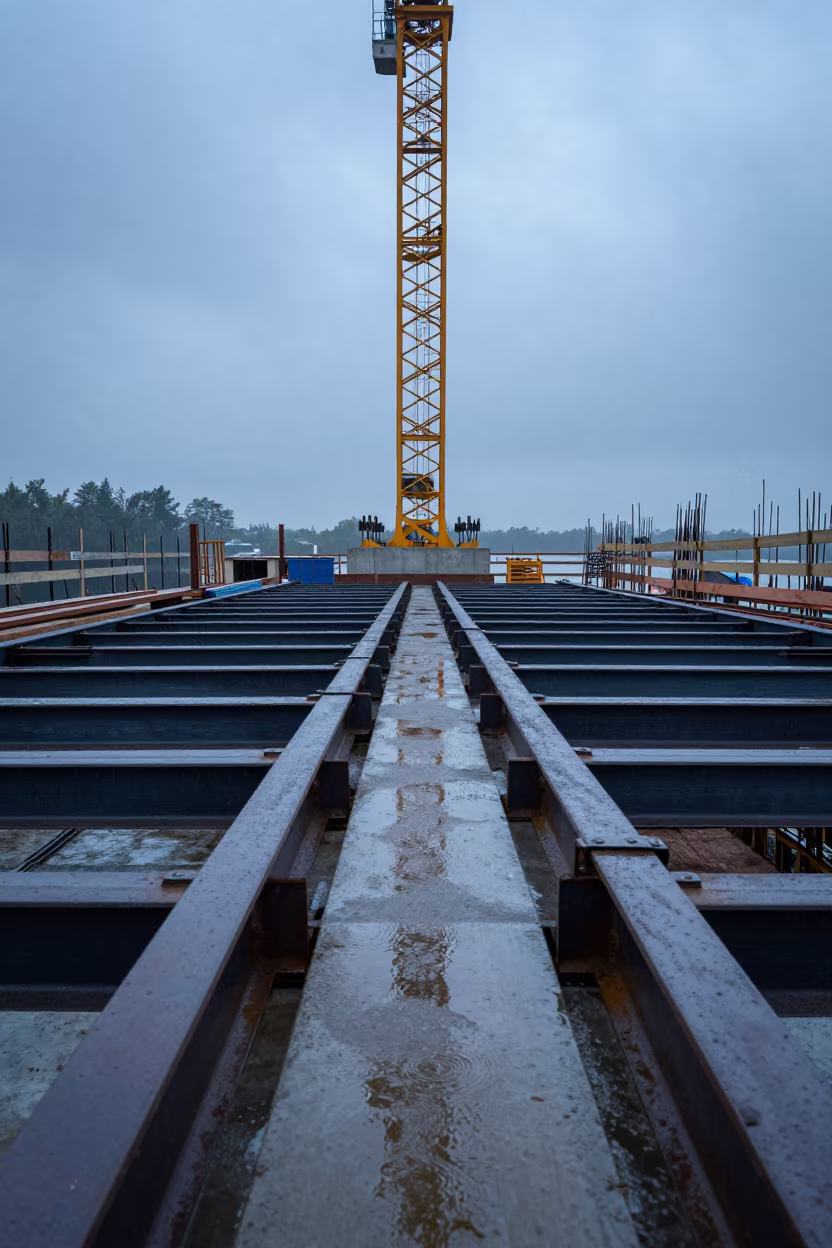 Storm Muted Dawn Construction Deck Louisiana in beneath a tower crane on open ground in Louisiana