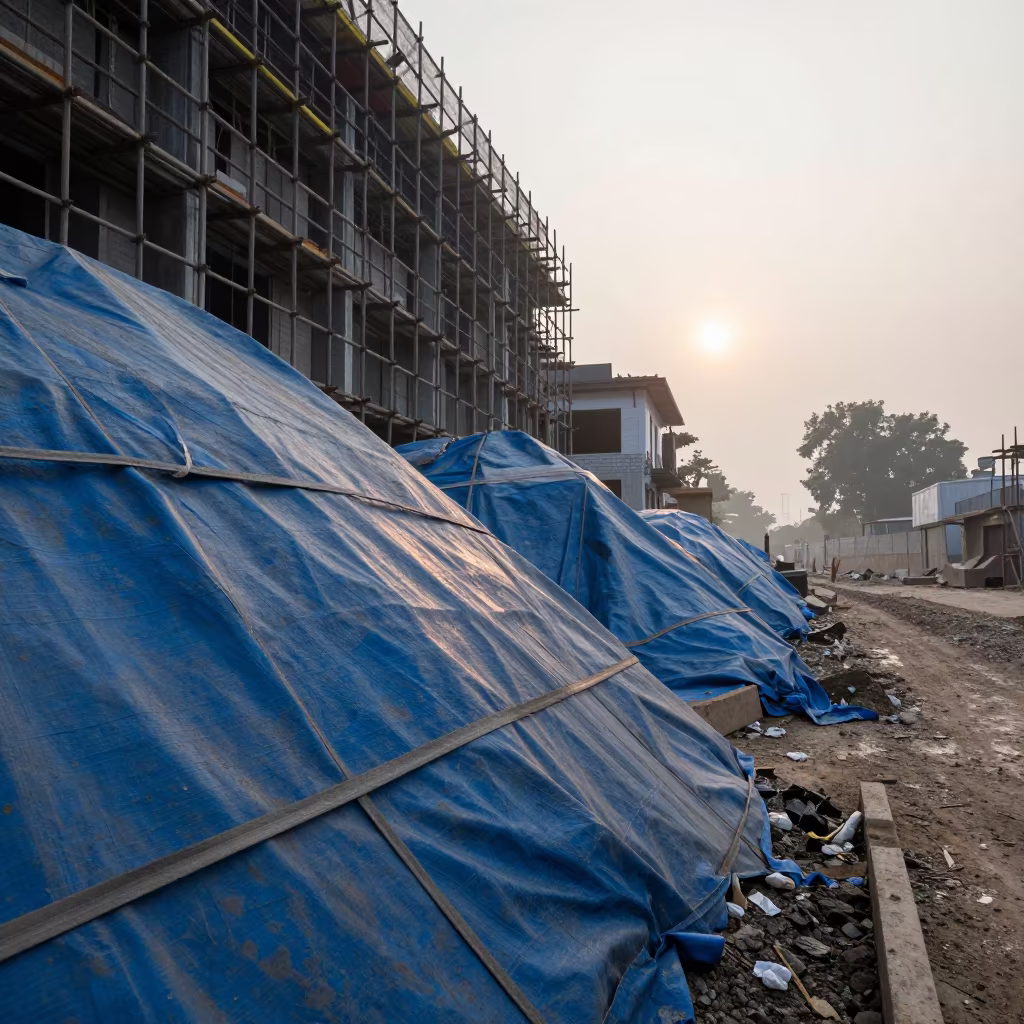 Storm-Muted Tarp Line on Moradabad Construction Site in along a scaffolded facade near Moradabad