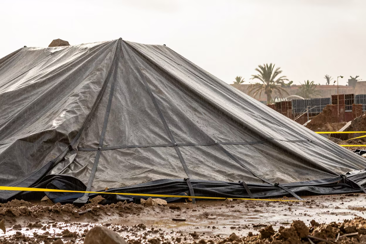 Storm Muted Tarp Line on Qena Excavation Site in inside a taped-off excavation edge in Qena