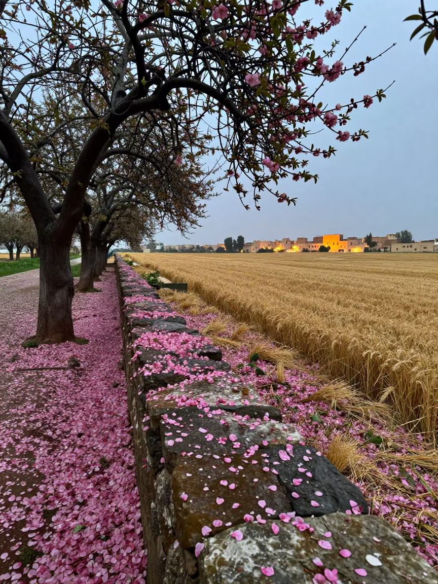 Storm Petals on Orchard Wall After Rain in across a harvested grain field in Bordj Bou Arreridj