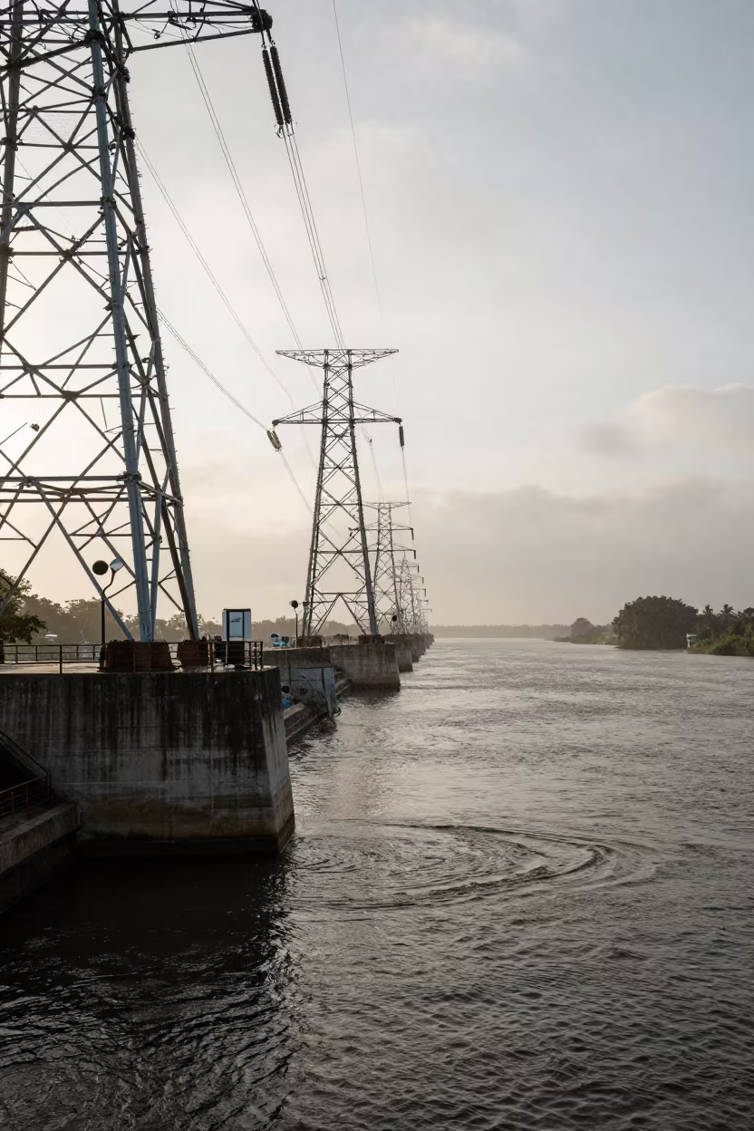 Storm Surge Barrier in Late Afternoon Monsoon Light in beneath transmission towers near Jalingo