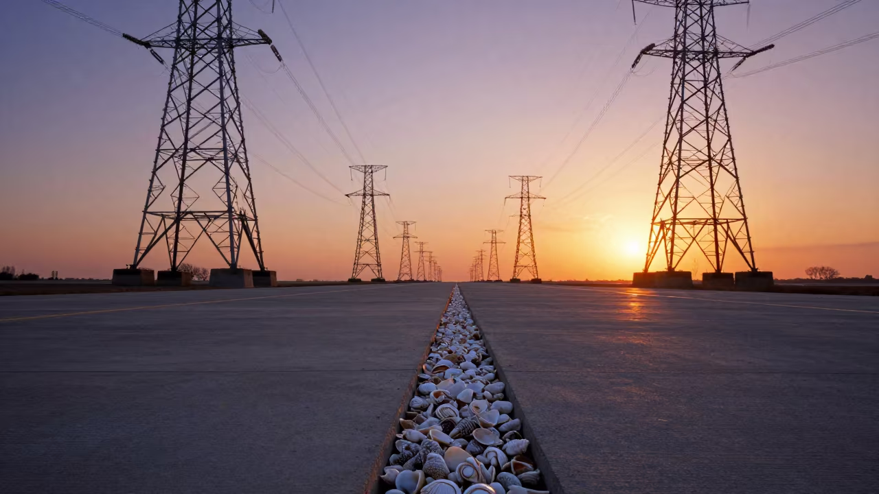 Storm Surge Barrier Seam Lined with Shells at Sunset in beneath transmission towers near Charlotte