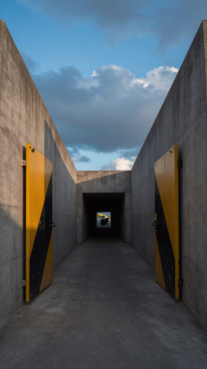 Storm Surge Barrier Service Tunnel in Evening Shadow in beside a storm surge barrier near Bissau
