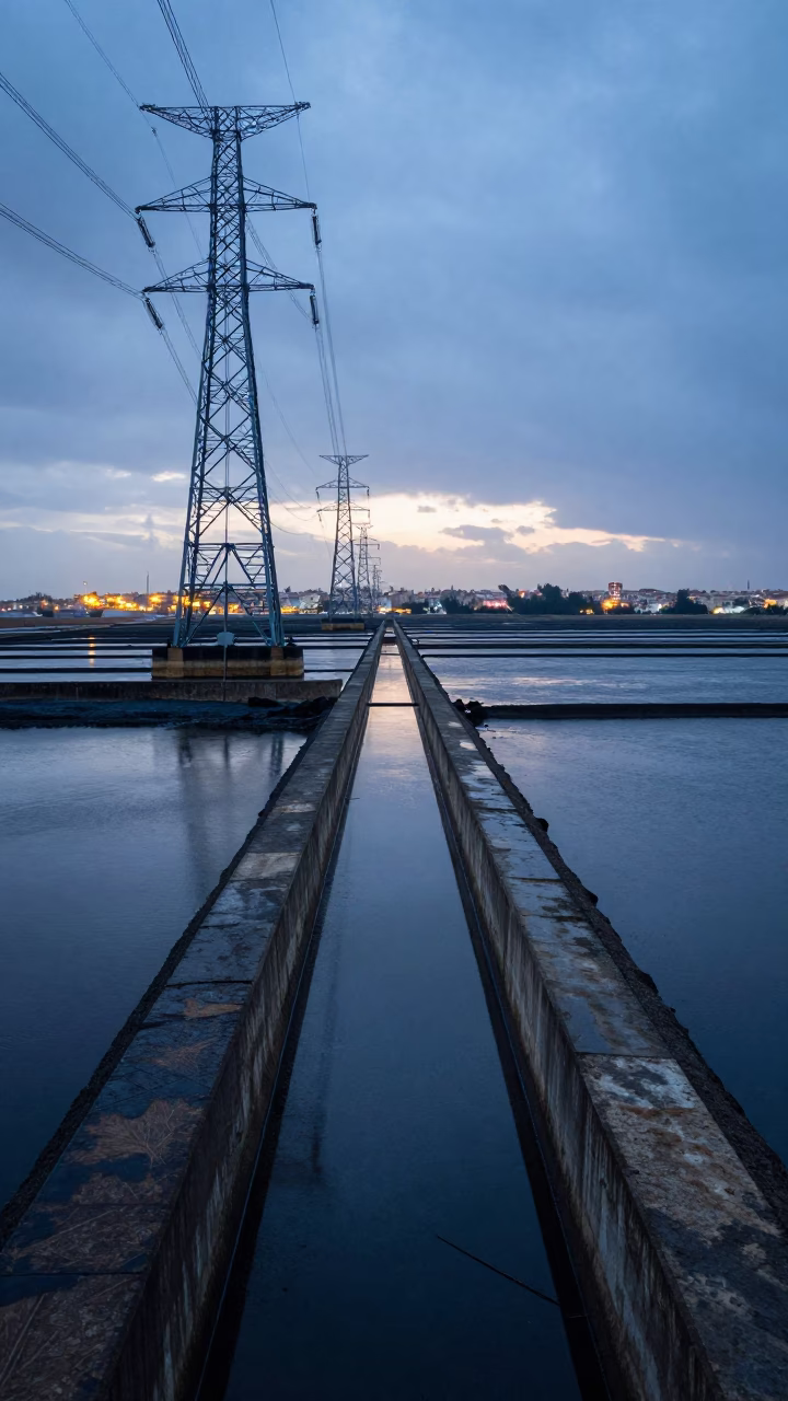 Storm surge barrier towers reflected in peat pools in beside a storm surge barrier in Tunisia
