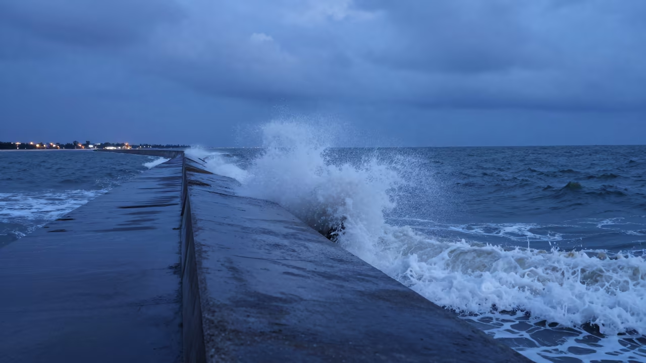 Storm Surge Barrier at Twilight with Distant Glow in beside a storm surge barrier in Thailand