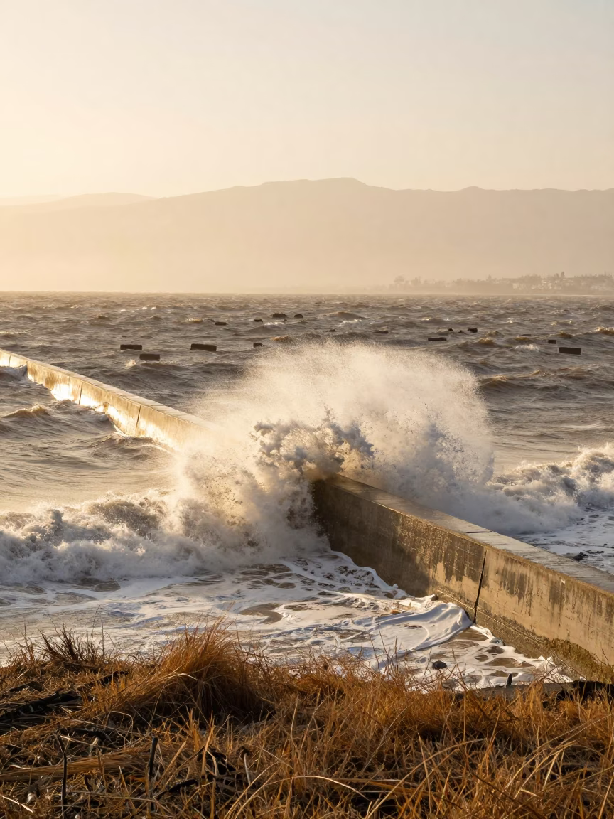 Storm Surge Wave Breaking Over Seawall at Golden Hour in across a storm-bright plain near Mersin