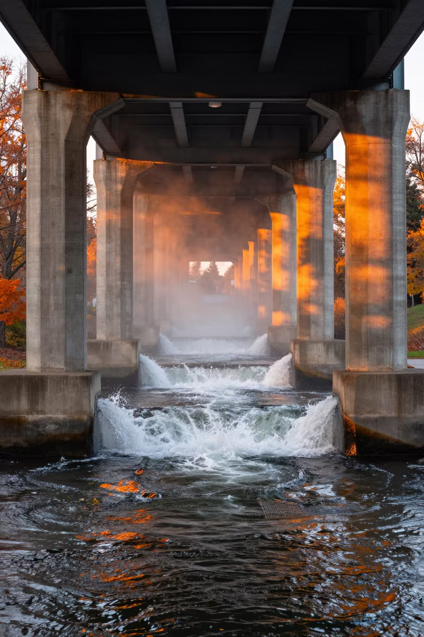 Storm Water Rushing Under Kitchener Viaduct at Sunset in under a viaduct of steel and concrete near Kitchener