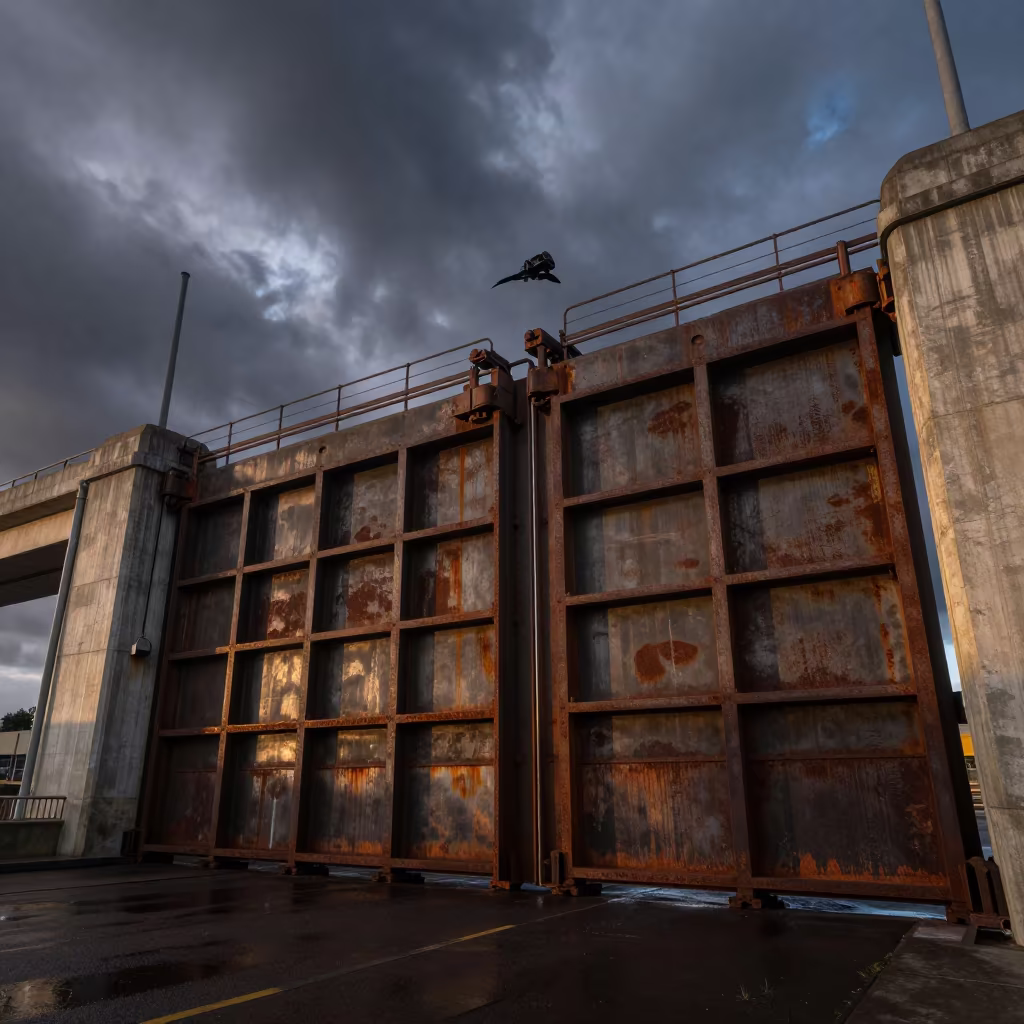 Storm-Weathered Gate Hinge at Chilean Overpass in across a windy overpass interchange in Chile