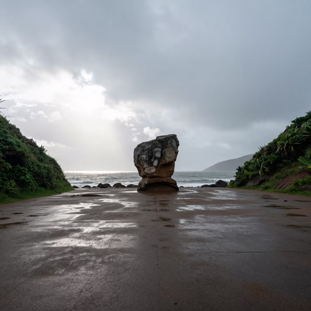 Stormy Sea Stack in Salvador Valley Morning Haze in across a wide valley floor near Salvador