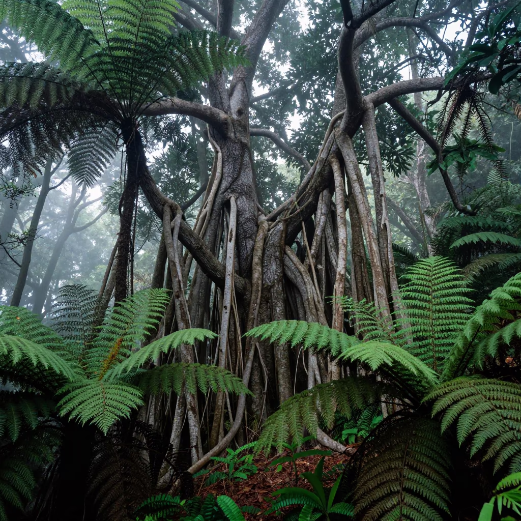 Strangler Fig Engulfs Host Tree at Dawn in on a fern-lined forest floor near Haifa