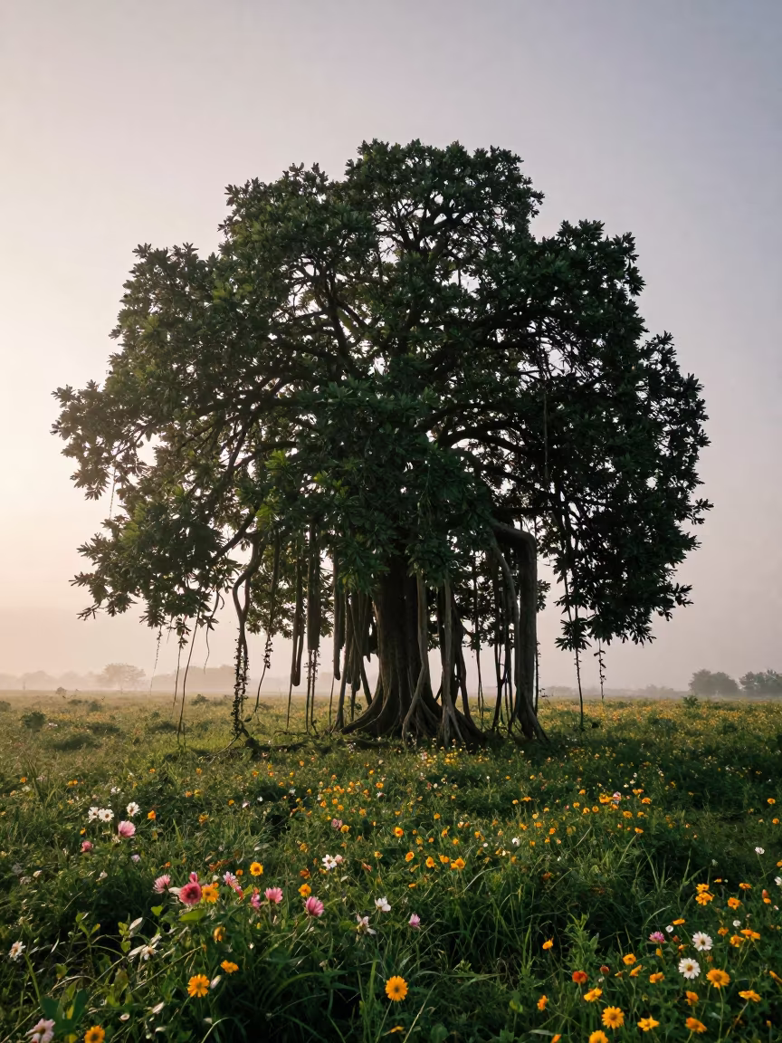 Strangler Fig Engulfs Host Tree in Misty Dawn in in a bloom-heavy meadow in Azerbaijan