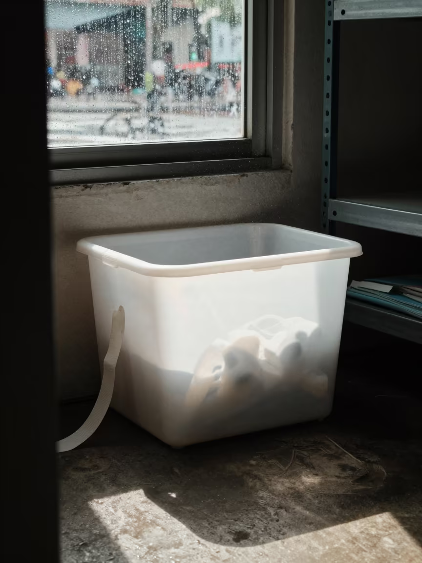 Strap Bin in Rainy Ipoh Stockroom Dawn in inside a stockroom behind the sales floor near Ipoh