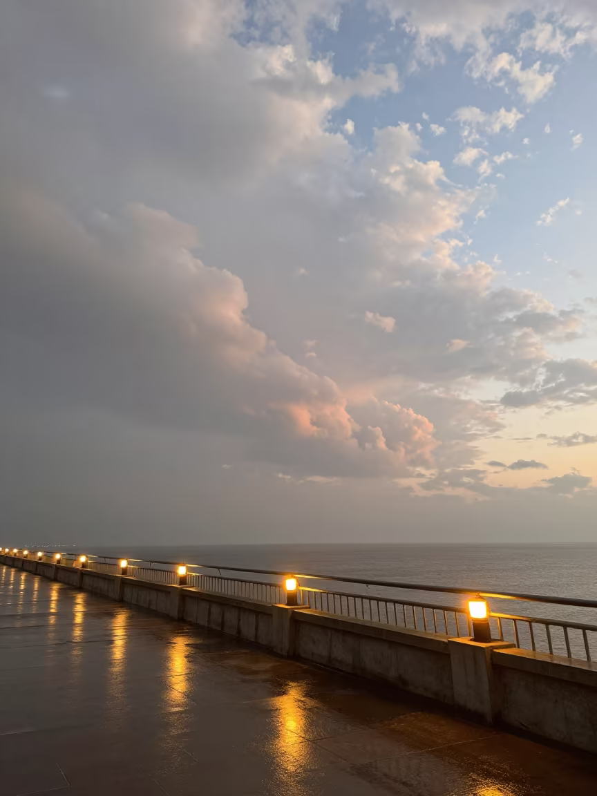 Stratocumulus Clouds Through Pier Railing Pyongyang in on a pier railing in Pyongyang