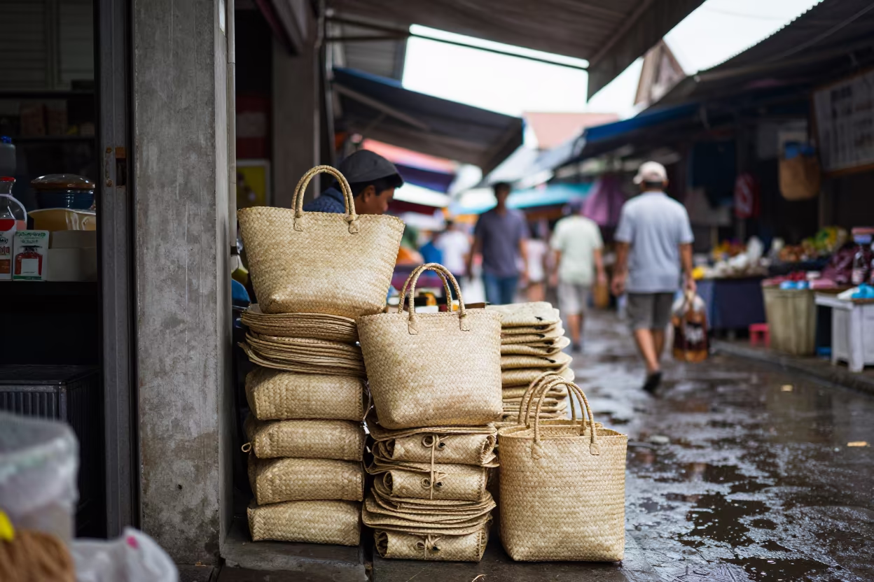 Straw Bag Vendor Stacking Bags at Balinese Market Entrance in in a covered bazaar aisle in Glodok, Jakarta