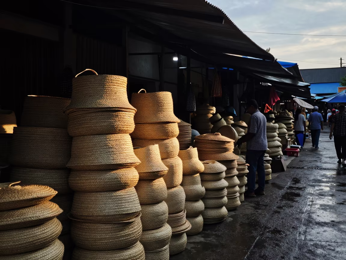 Straw Bag Vendor Stacking at Jakarta Market in in a covered bazaar aisle in Kemang, Jakarta