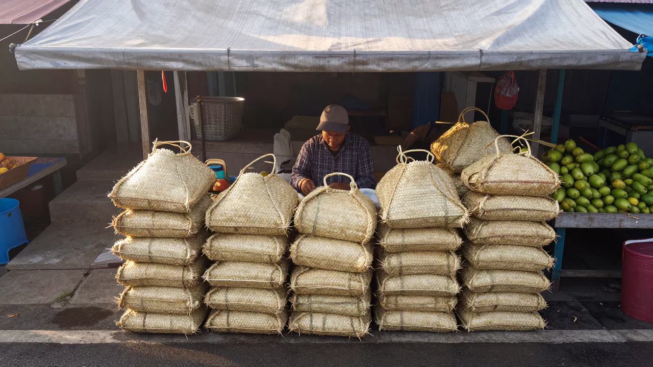 Straw Bags Stacked at Dawn Market Entrance in at a roadside fruit stand in Yogyakarta