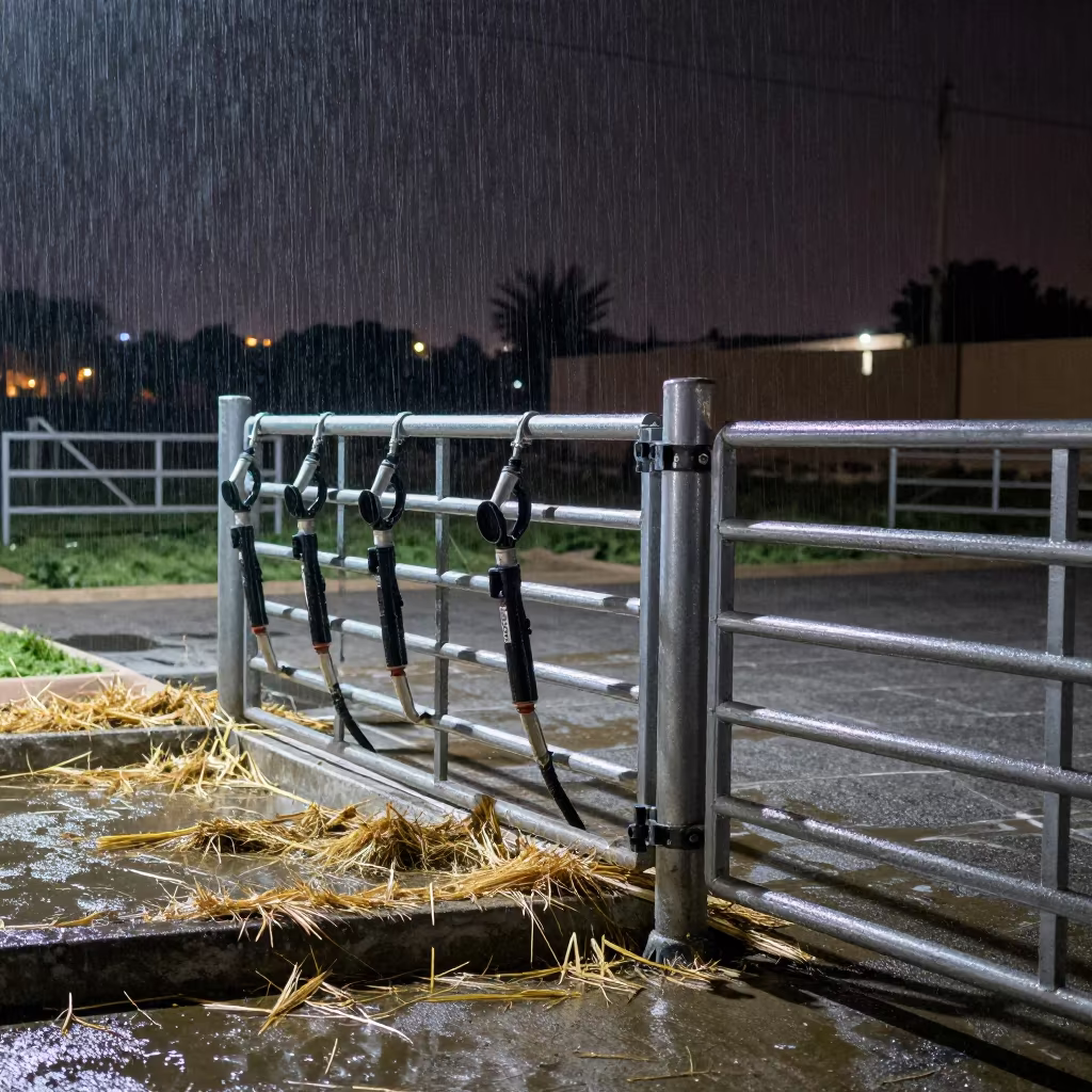 Straw Drifted Livestock Trailer Wash Rack at Night in beside a pasture gate in Qatar