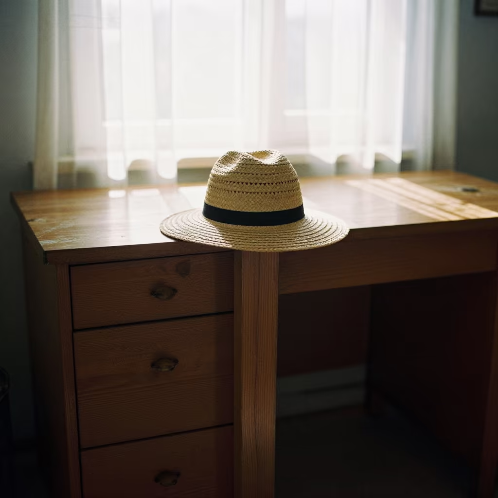 Straw Hat on Fence Post Desk in Çorum in on a writing desk in Çorum