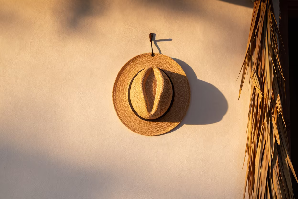 Straw Hat on Hook in Matamoros Workshop in on a workshop shelf in Matamoros