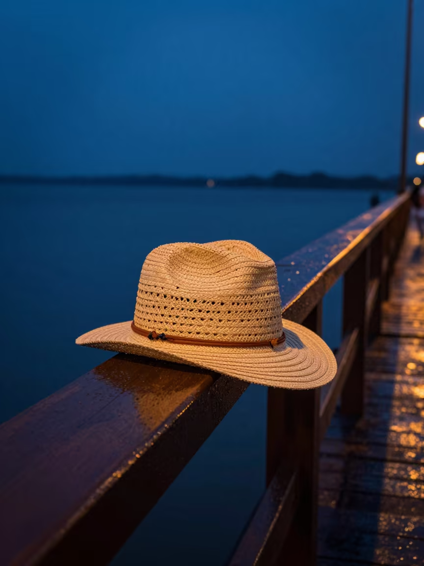 Straw Hat on Pier Railing at Blue Hour in on a pier railing near Belgaum