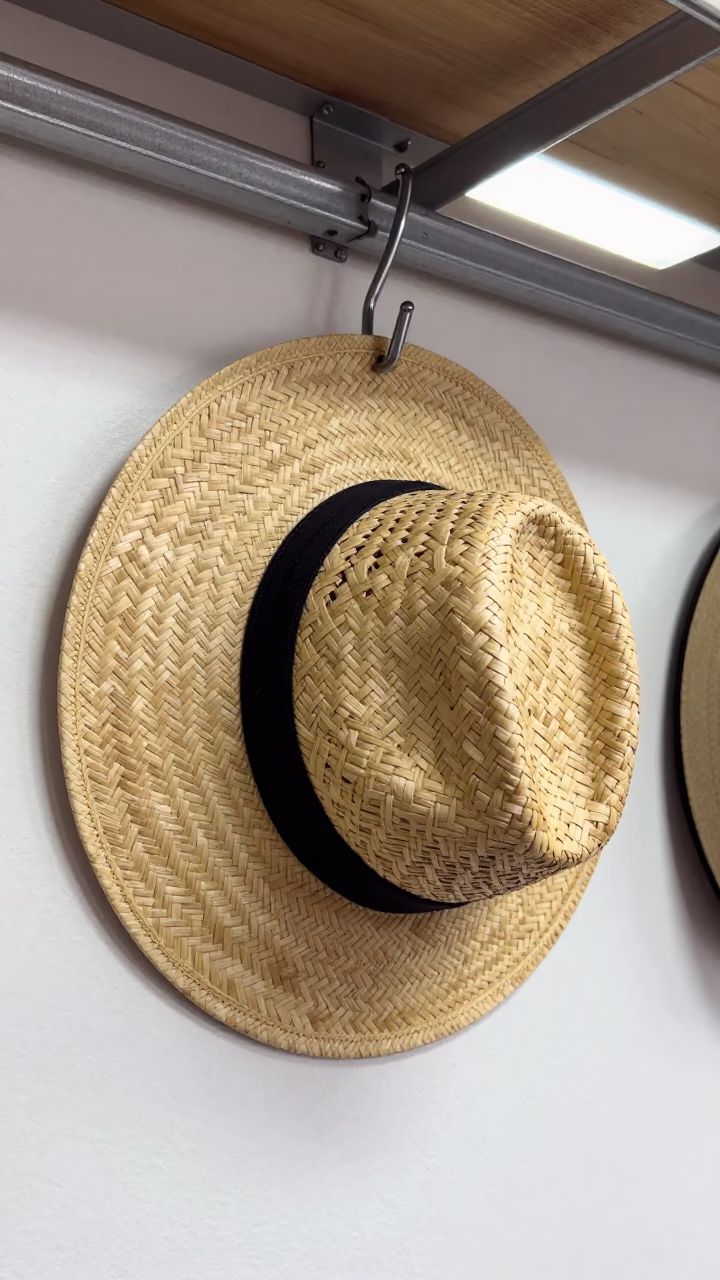 Straw Hat on Whitewashed Hook Midnight Light in on a workshop shelf in Albuquerque