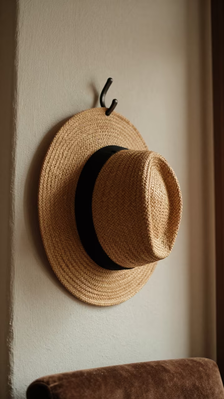 Straw Hat on Whitewashed Hook in on a velvet chair in St George's