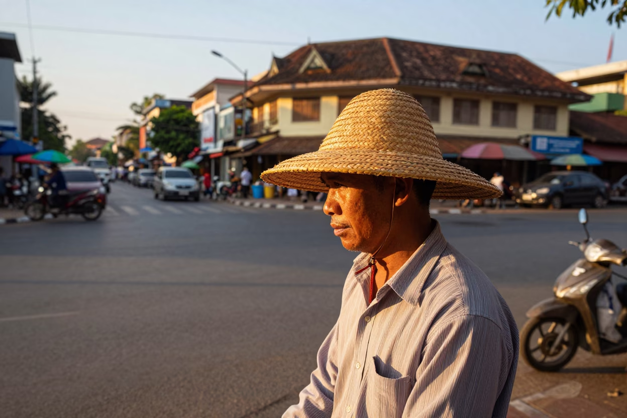 Straw Hat Worn by Street Vendor in Phnom Penh Cambodia During Golden Hour in in Phnom Penh, Cambodia