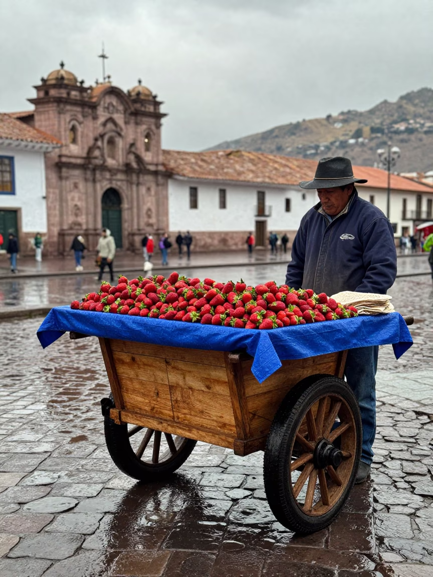 Strawberries at First Light in in Cusco, Peru
