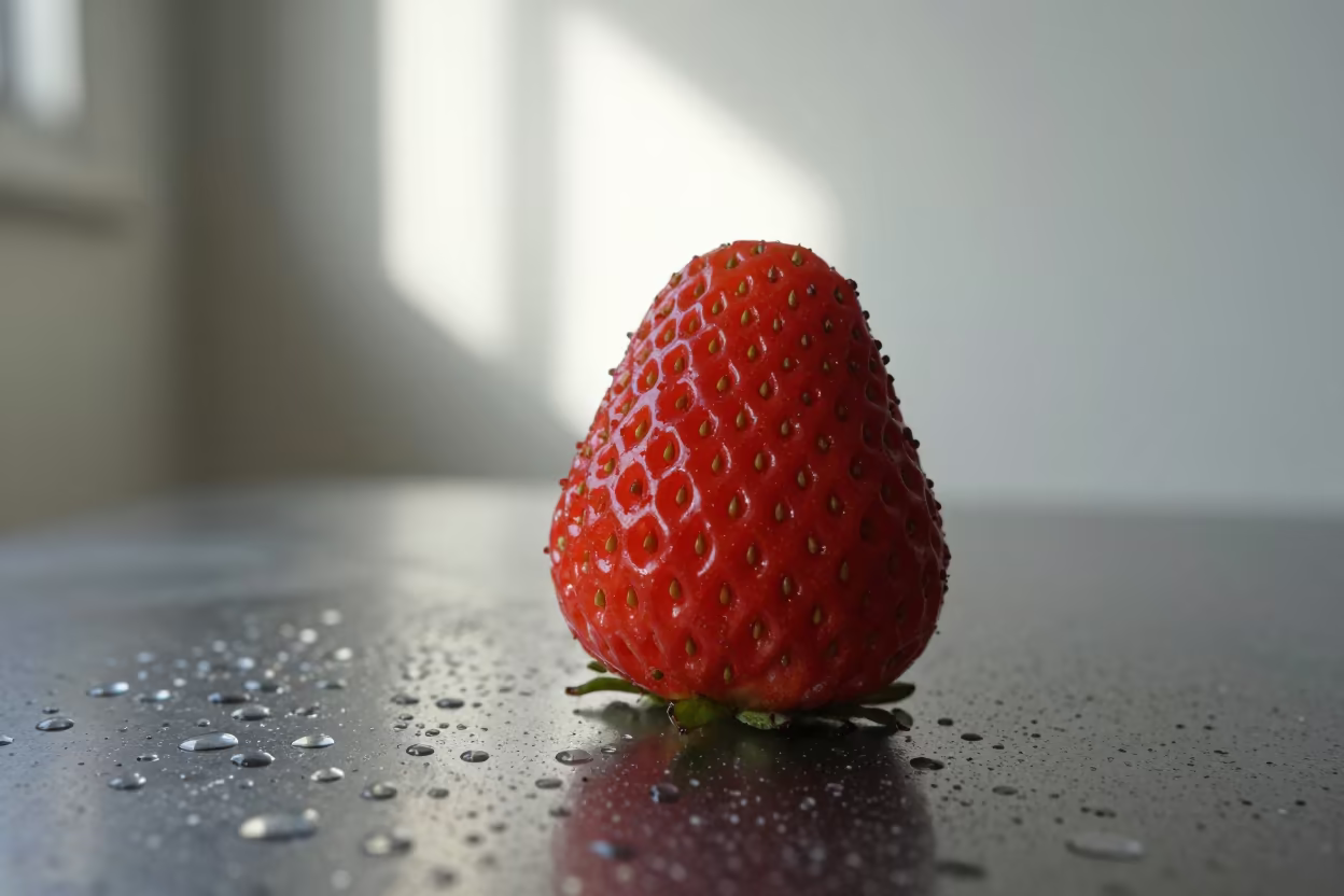Strawberry Cross Section Macro with Rain Beads in across a rain-beaded metal surface near Kumba