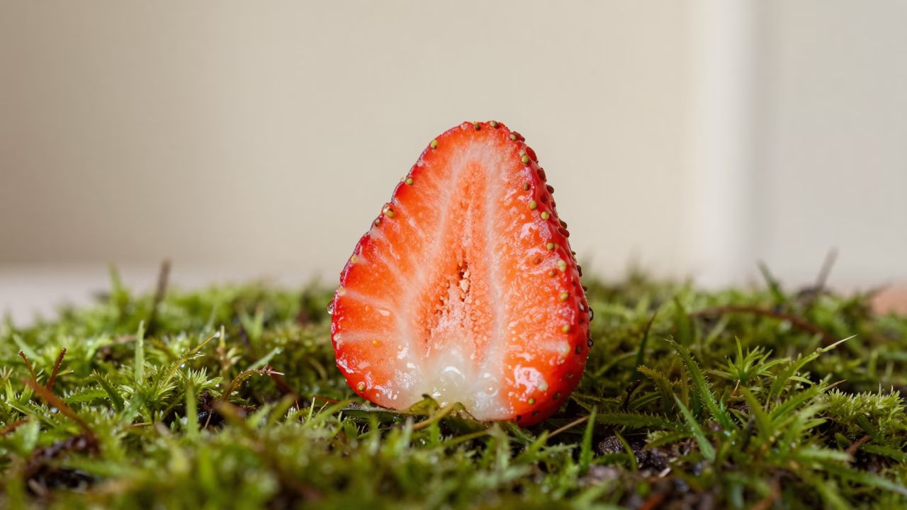 Strawberry Cross Section on Moss in on dew-soaked moss near Diyarbakır