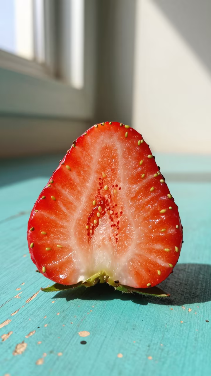 Strawberry Cross Section Seed Pattern Macro in against weathered turquoise paint near Ujjain