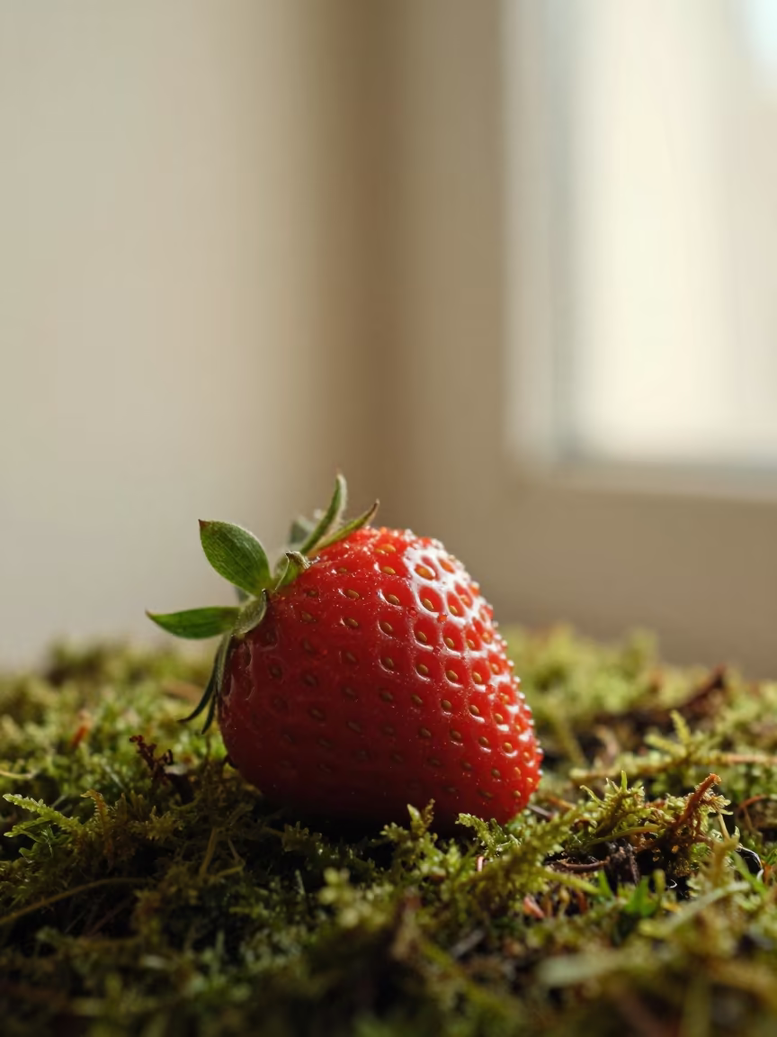 Strawberry Seed Surface on Dewy Moss in on dew-soaked moss in City of Westminster