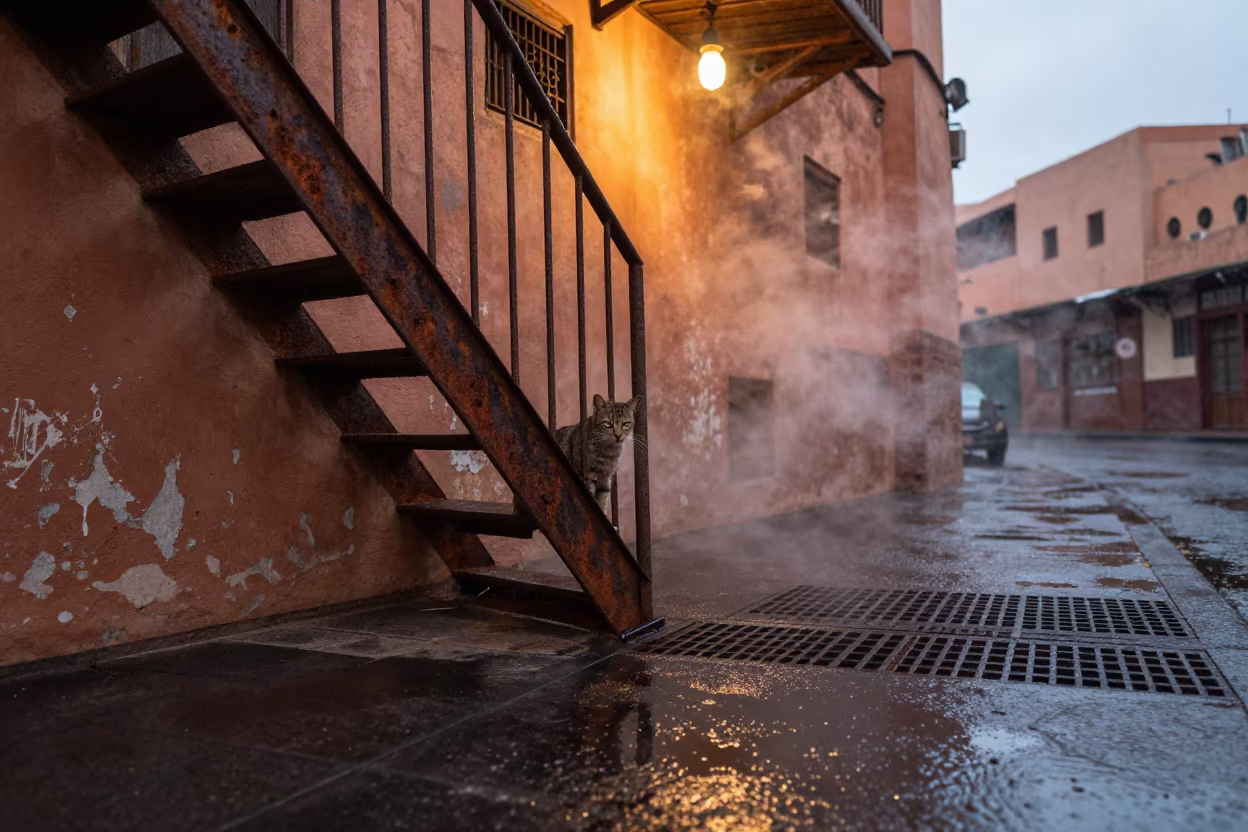 Stray Cat on Fire Escape Above Wet Marrakesh Pavement in beneath a flickering underpass light in Marrakesh