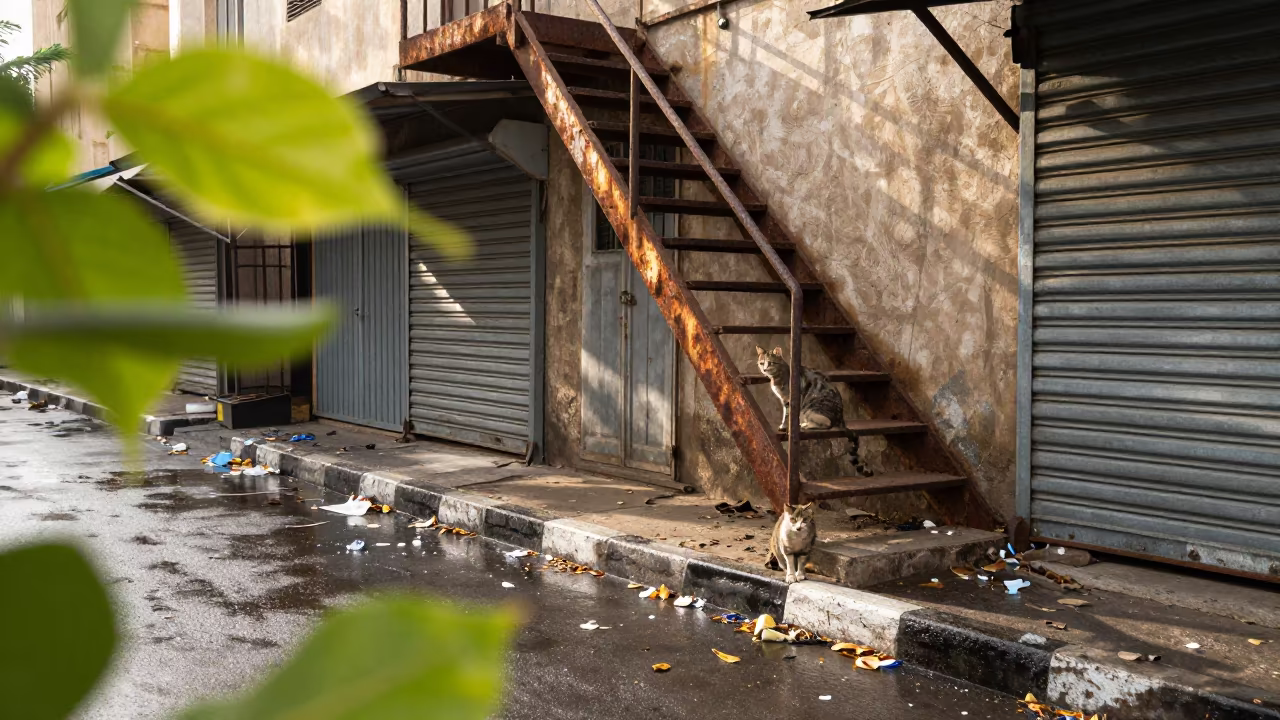 Stray Cat on Mukalla Fire Escape Over Wet Street in along a market-lined side street in Mukalla