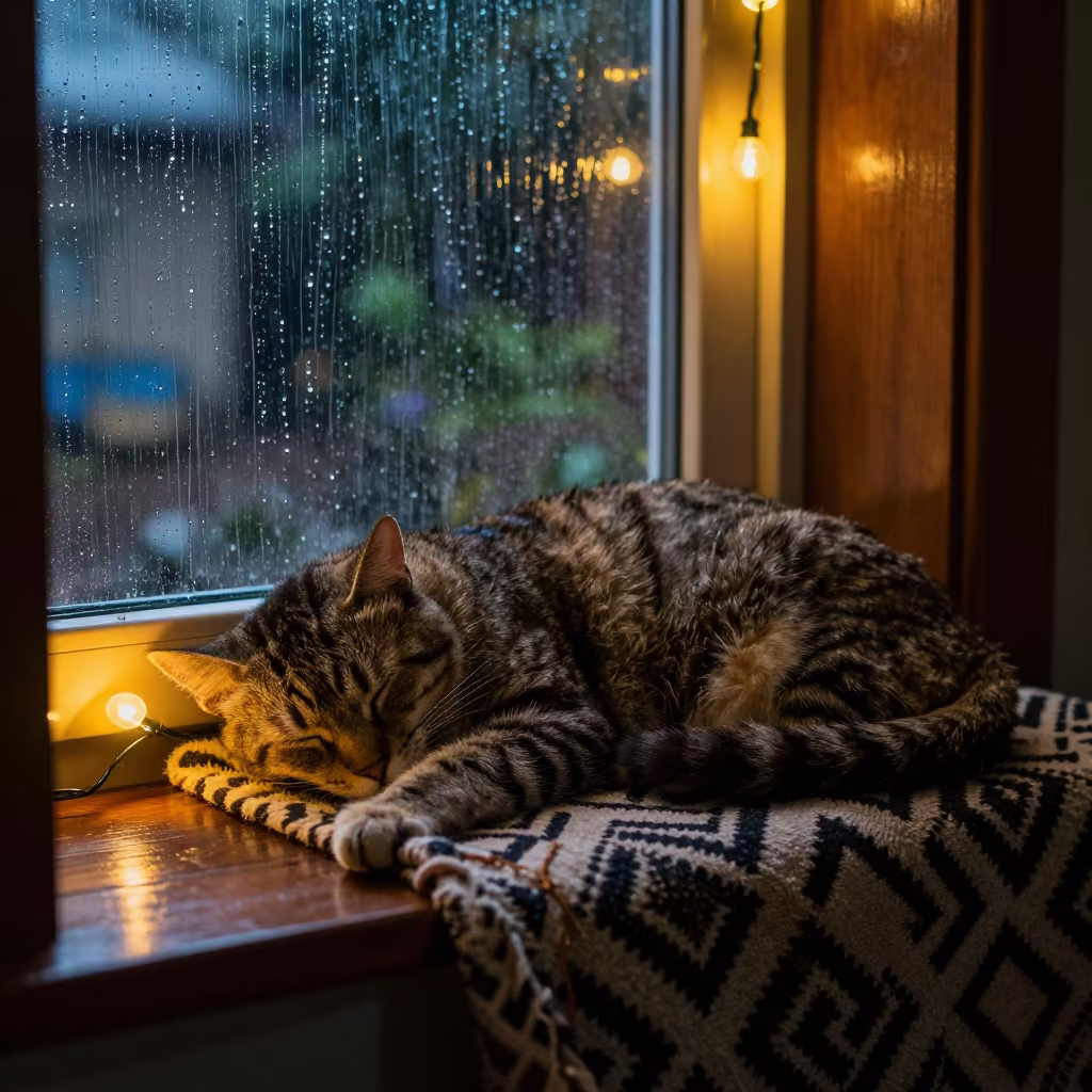 Stray Cat Sleeps Under String Lights in on a window seat near Ouahigouya