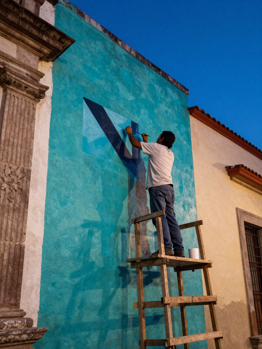 Street Artist Painting Mural in Oaxaca Mexico During Blue Hour Evening Light in in Oaxaca, Mexico